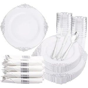 350PCS Silver Plastic Plates & Pre Rolled Napkins for 50Guests, 100Silver Plates